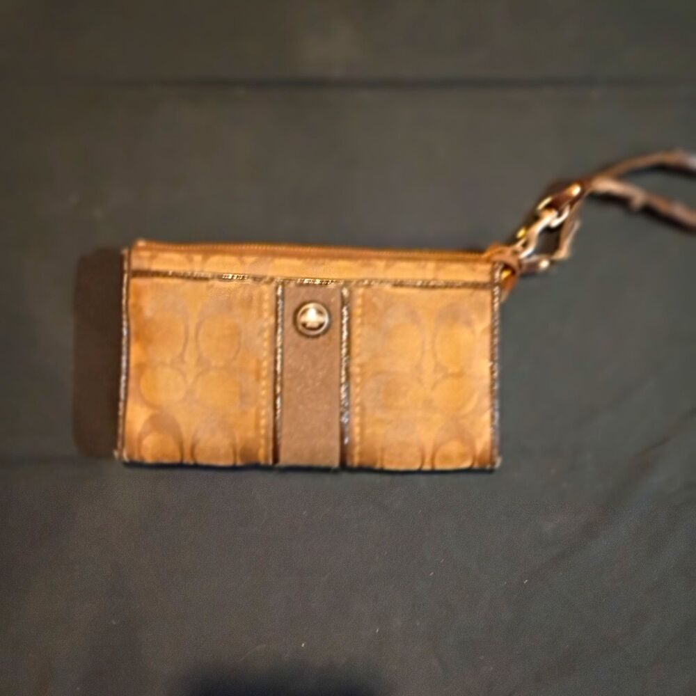 Coach Brown Logo Wristlet Wallet with Zipper Accent and Credit Card Slots